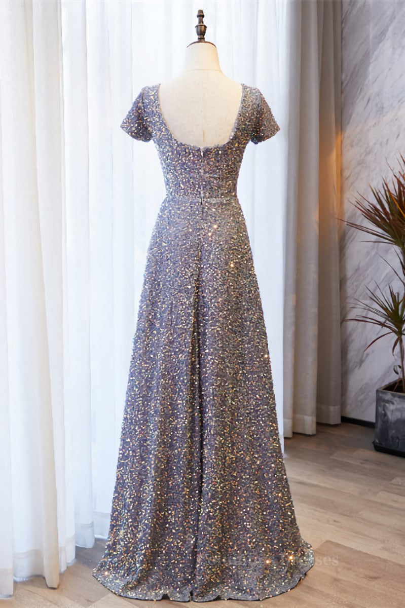 Formal Dresses Fashion, A-line Square Neck Sleeves Sequins Long Formal Dress