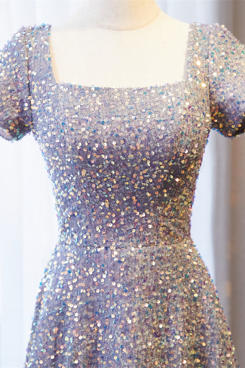 Formal Dress Fashion, A-line Square Neck Sleeves Sequins Long Formal Dress