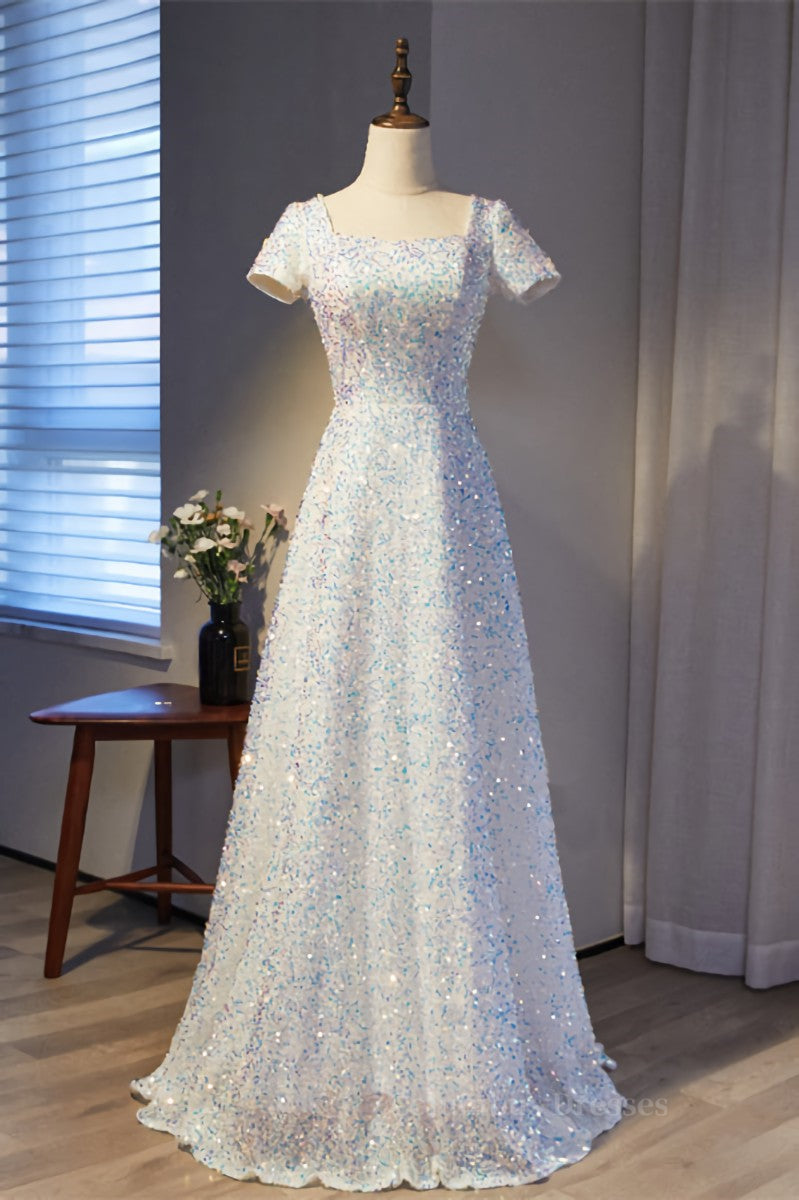 Formal Dresses Outfit Ideas, A-line Square Neck Sleeves Sequins Long Formal Dress