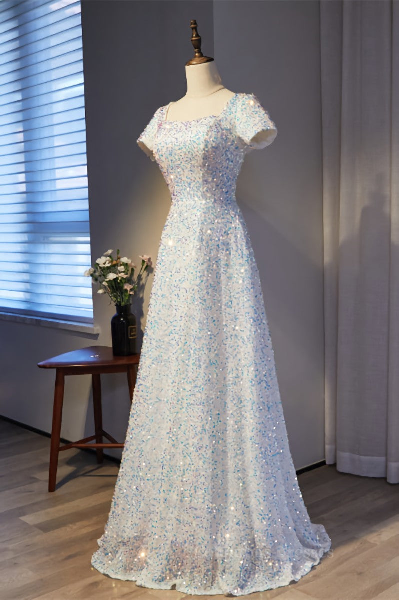 Formal Dress Attire, A-line Square Neck Sleeves Sequins Long Formal Dress