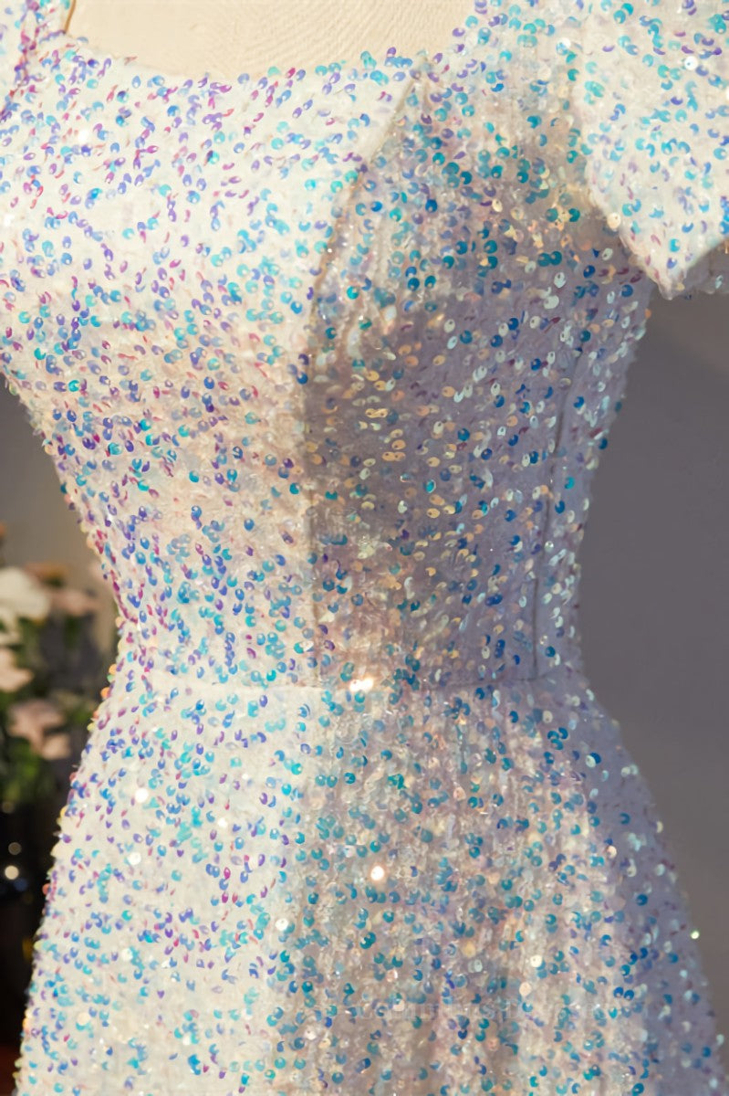 Formal Dress Store, A-line Square Neck Sleeves Sequins Long Formal Dress