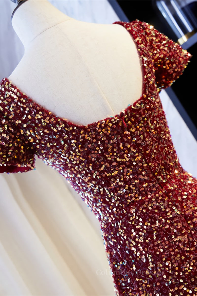 Formal Dresses Black, A-line Square Neck Sleeves Sequins Long Formal Dress