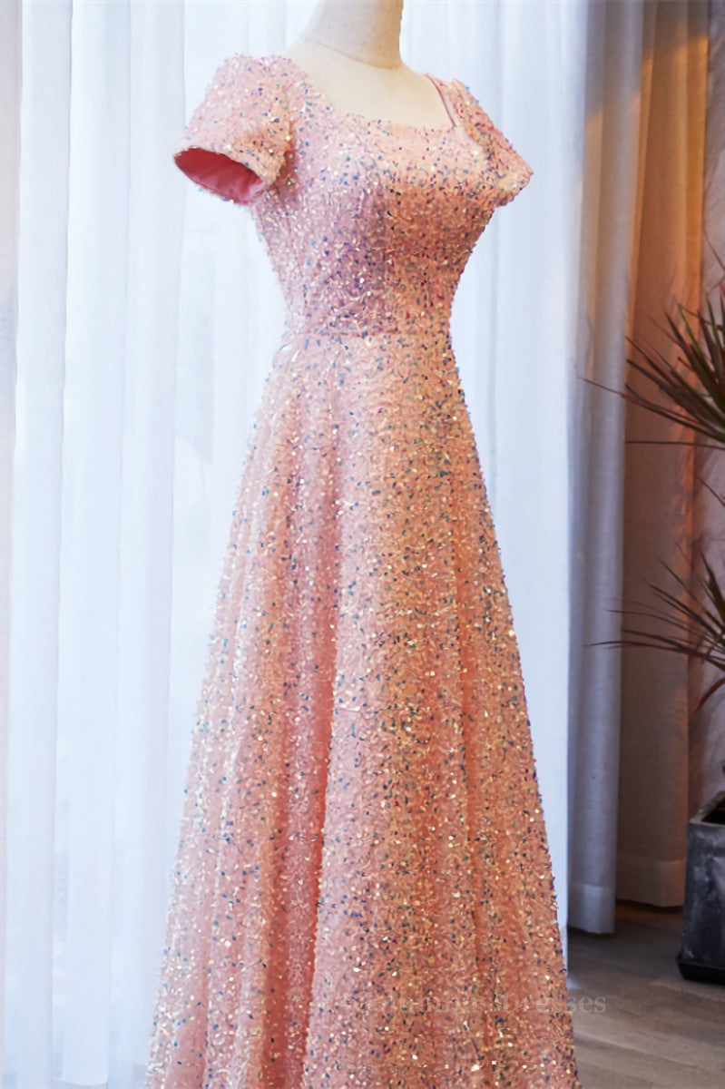 Formal Dresses On Sale, A-line Square Neck Sleeves Sequins Long Formal Dress