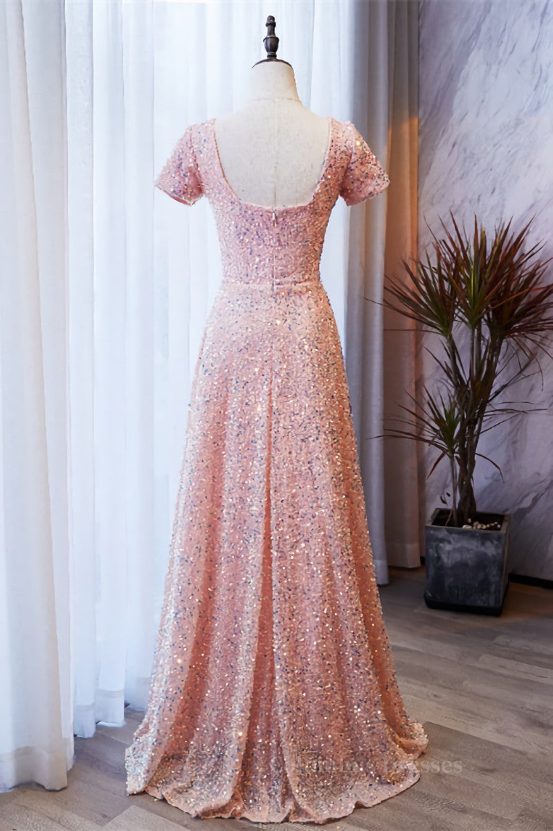 Formal Dress On Sale, A-line Square Neck Sleeves Sequins Long Formal Dress