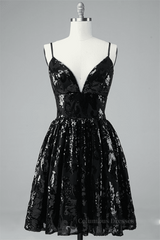 Night Club Outfit, Black A-line V Neck Lace-Up Back Sequins-Embroidered Mini Dress