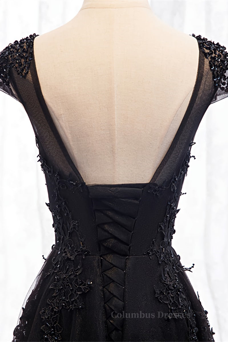 Homecoming Dresses With Tulle, Black Illusion Scoop Neck Cap Sleeves Beaded Appliques Maxi Formal Dress