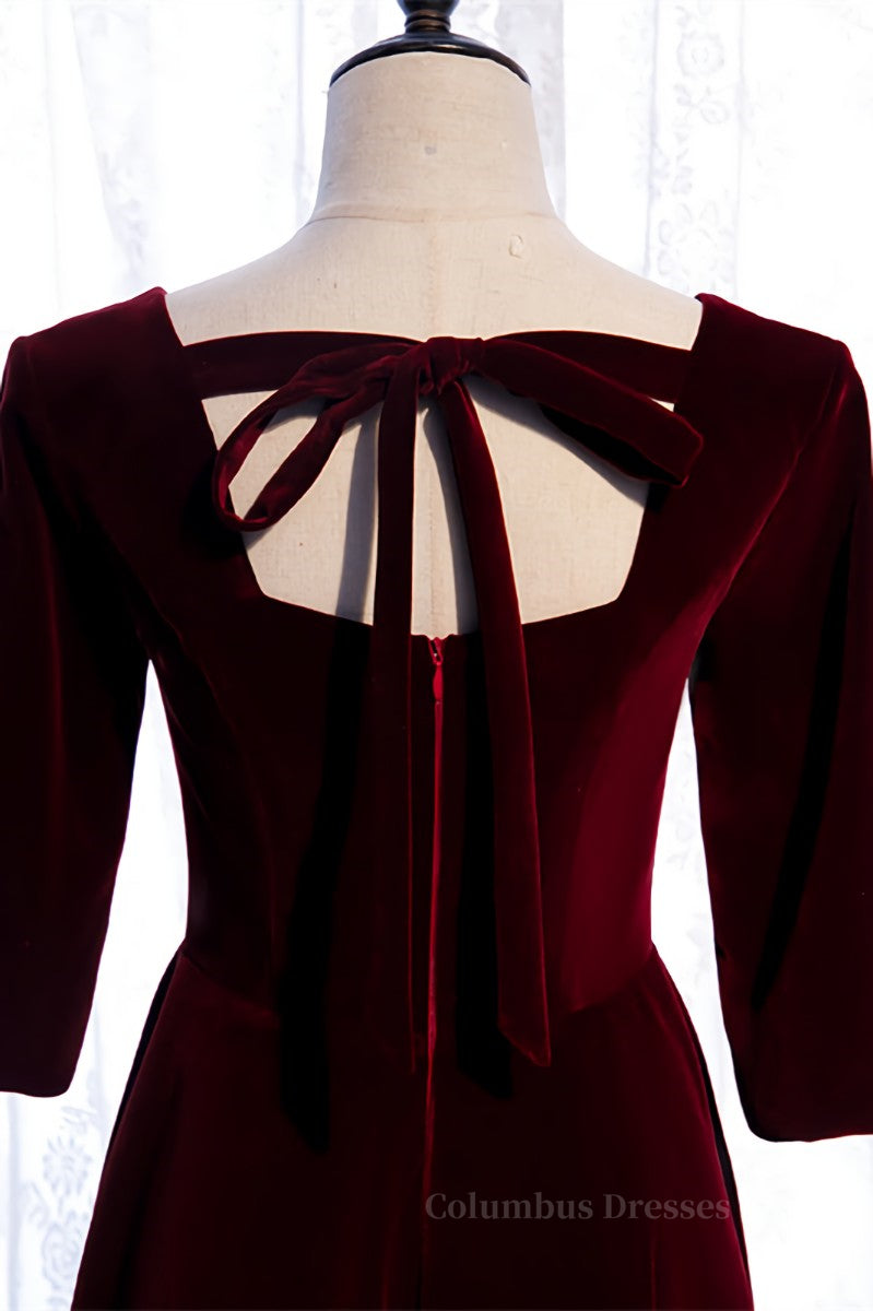 Homecoming Dress 2051, Burgundy Square Neck Sleeves Velvet Bow Tie Back Tea Length Formal Dress