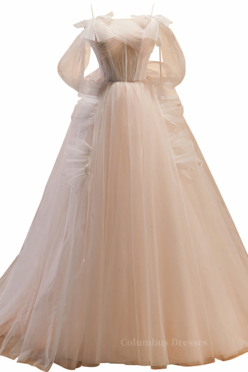 Bridesmaid Dresses On Sale, Champagne Off-the-Shoulder Beaded Bows Ruffle Long Prom Dress