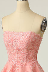 Prom Dress Long Open Back, Coral Strapless A-line Appliques Short Prom Dress