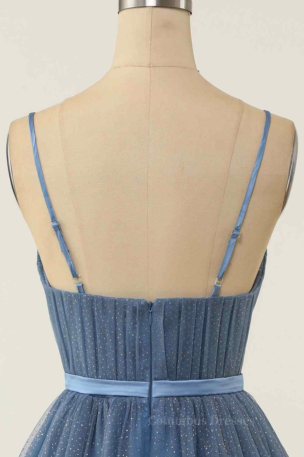 Bridesmaid Dresses Chicago, Dusty Blue A-line V Neck Pleated Double Bow Tie Sash Mini Homecoming Dress