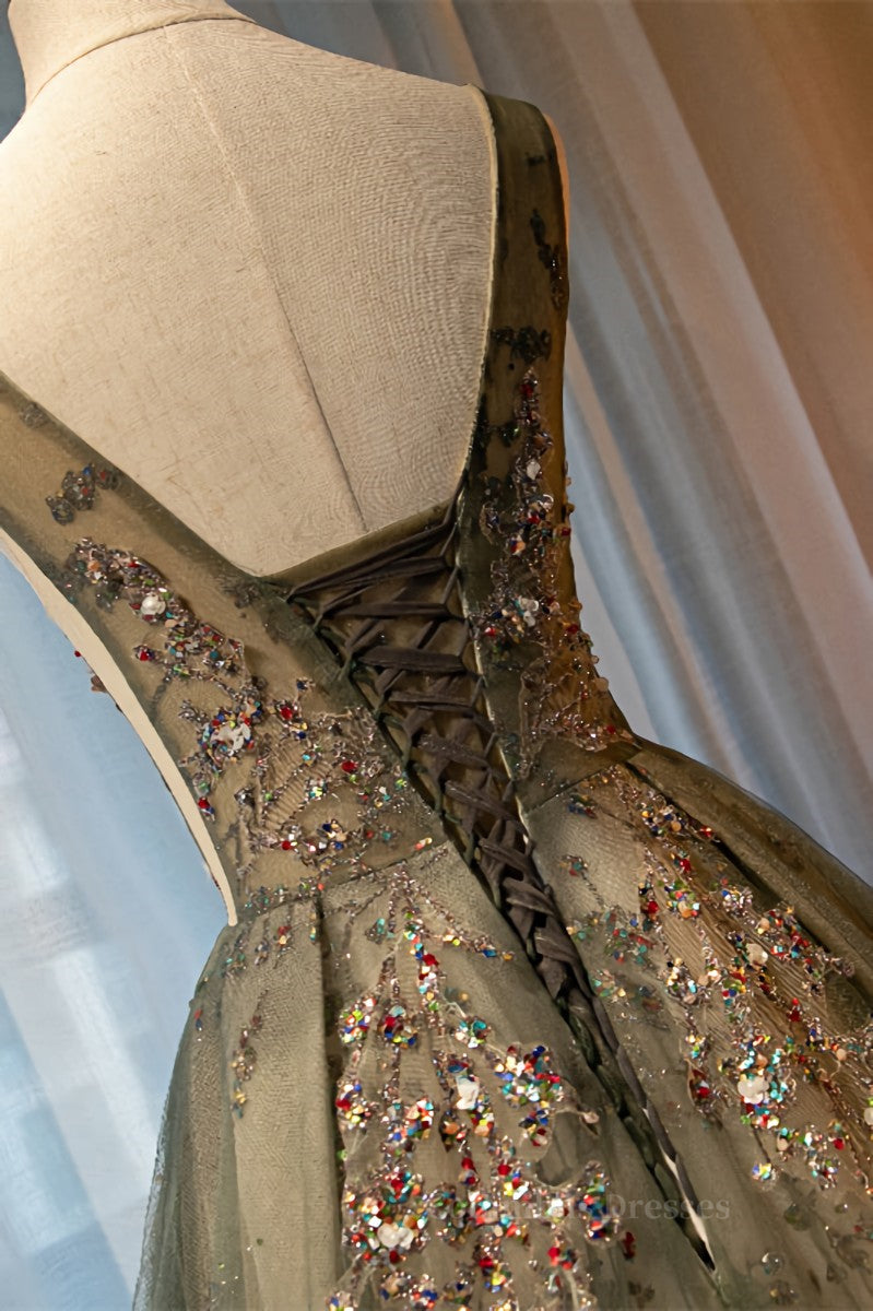 Formal Dresses For Winter, Dusty Green A-line Beaded-Embroidered Illusion Neck Long Formal Dress