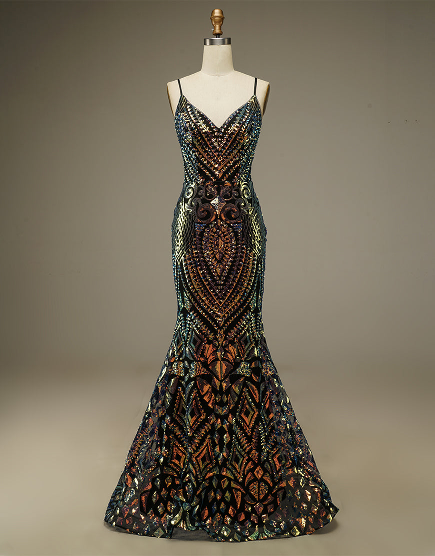 Bridesmaid Dresses Long Sleeves, Mermaid Glitter Spaghetti Straps V Neck Long Prom Dress