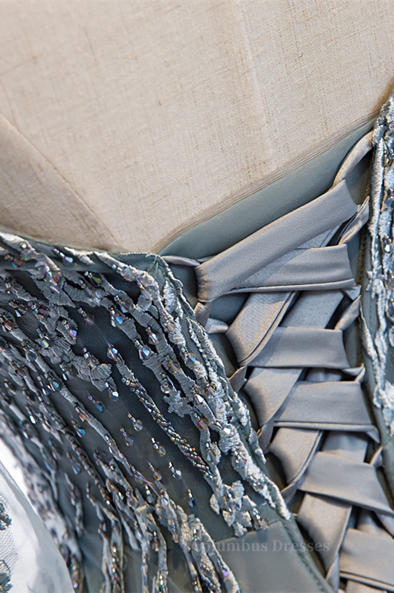 Prom Dresses 2051, Grey A-line Beaded Appliques Bow Tie Sheer Straps Maxi Formal Dress