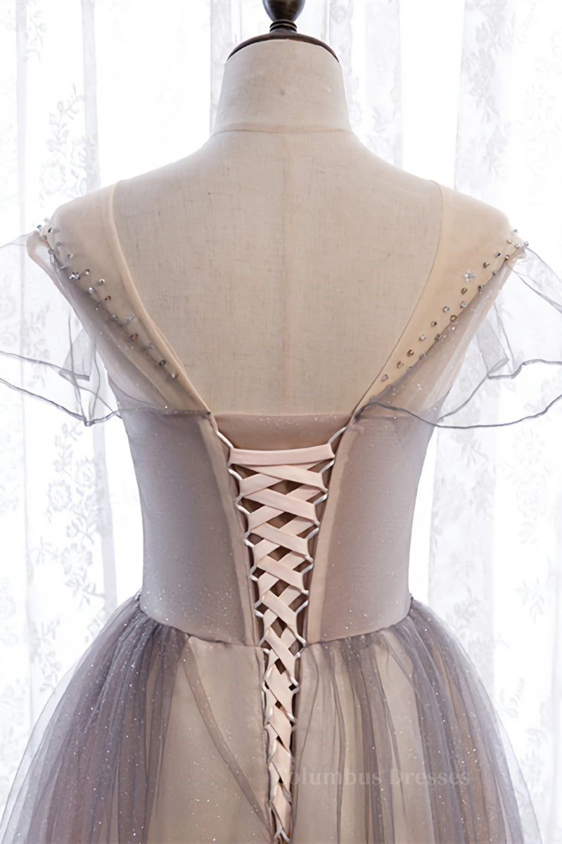 Prom Dresses For Sale, Grey A-line Jewel Beaded Ruffle Lace-Up Maxi Formal Dress