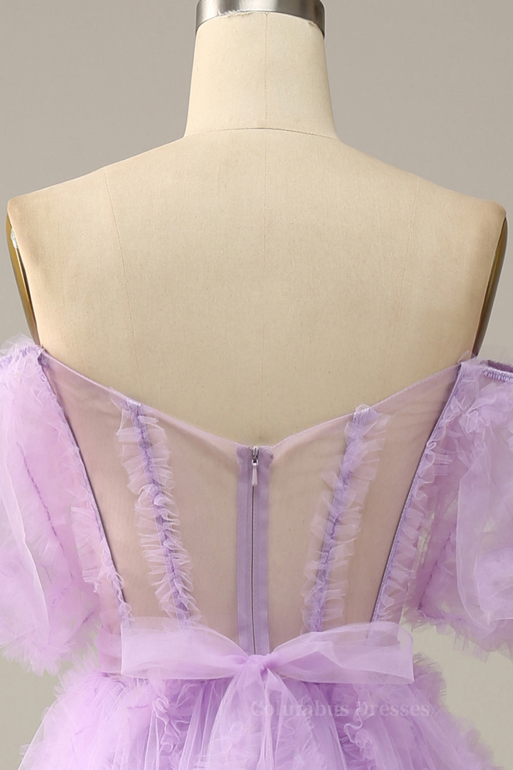 Bridesmaids Dress Shopping, Lavender Off-the-Shoulder Puff Sleeves Ruffles A-line Long Prom Dress