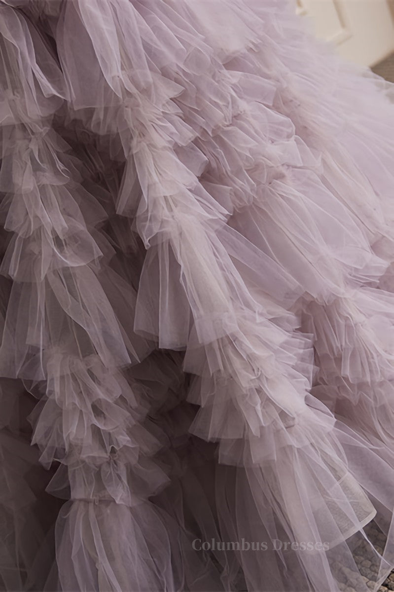 Bridesmaid Dress Colorful, Light Purple Strapless Pleated Ruffle-Layers Maxi Formal Dress