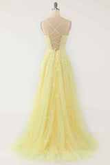 Ball Gown, Light Yellow A-line Scoop Neckline Embroidered Tulle Long Prom Dress