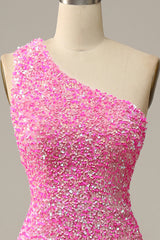 Bridesmaid Dresses Fall Color, Pink One Shoulder Straps Mermaid Sequins Long Prom Dress with Slit