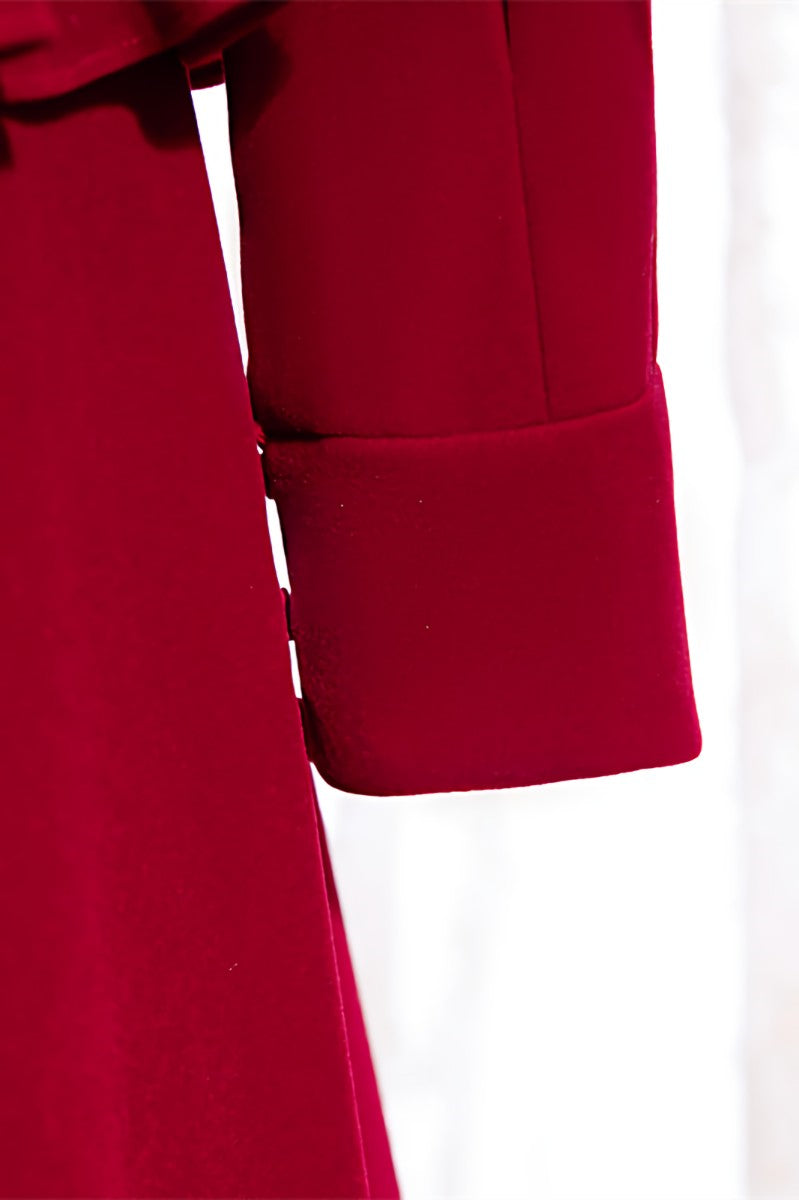 Homecoming Dress Long, Red A-line V Neck Long Sleeves Ruffle Maxi Formal Dress