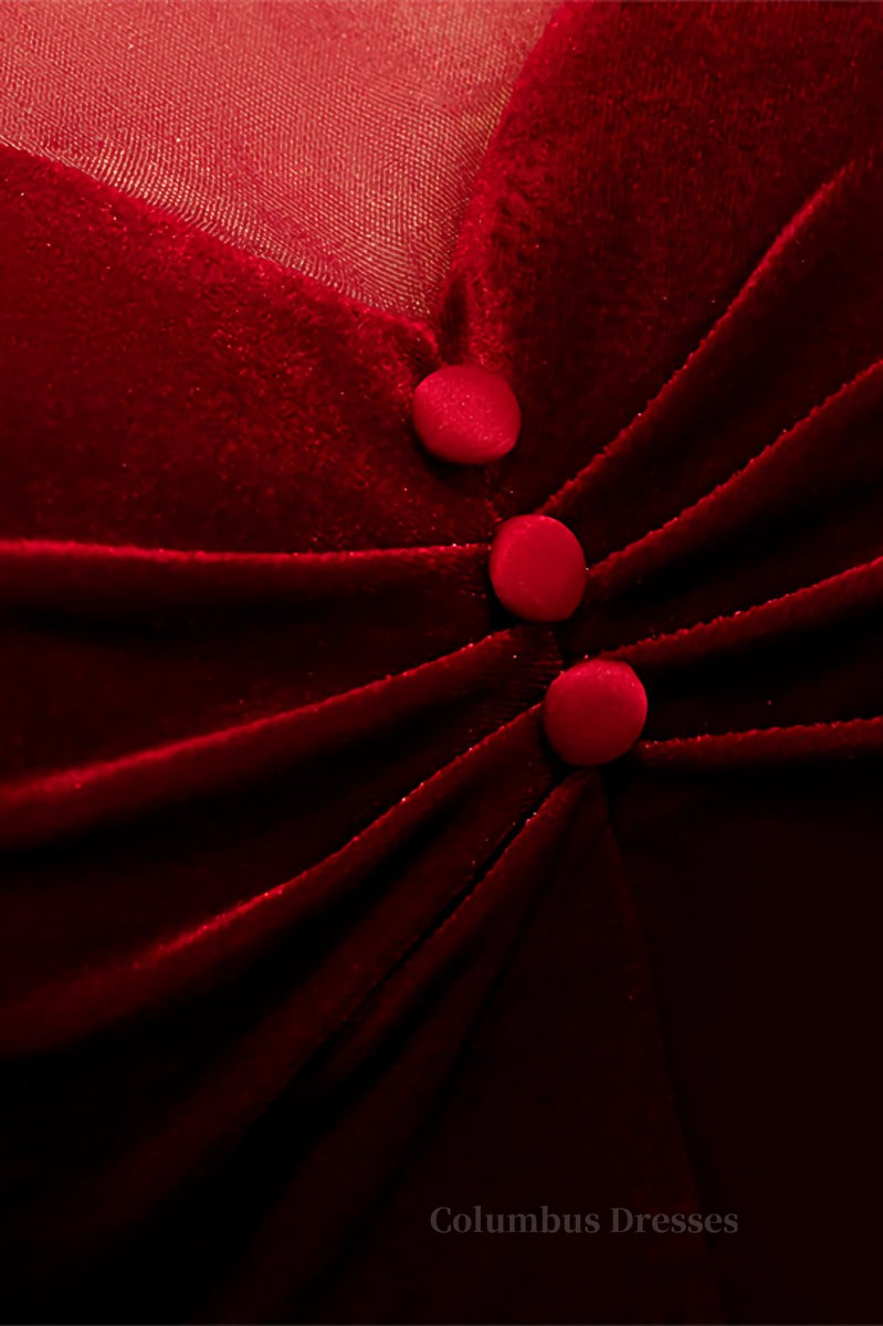 Prom Dresses Cheap, Red Beaded Illusion High Neck Sleeves Pleated Maxi Formal Dress with Buttons