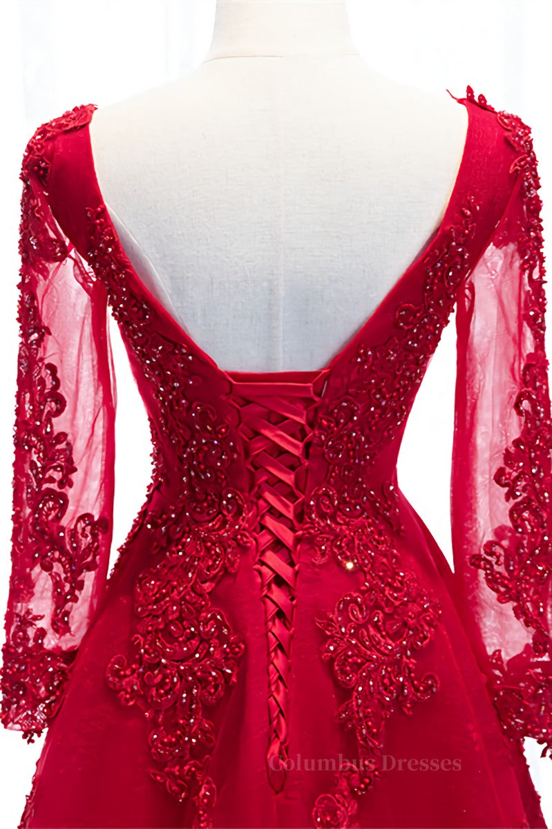 Evening Dresses 2052, Red V Neck Long Sleeves Beaded Appliques Long Formal Dress