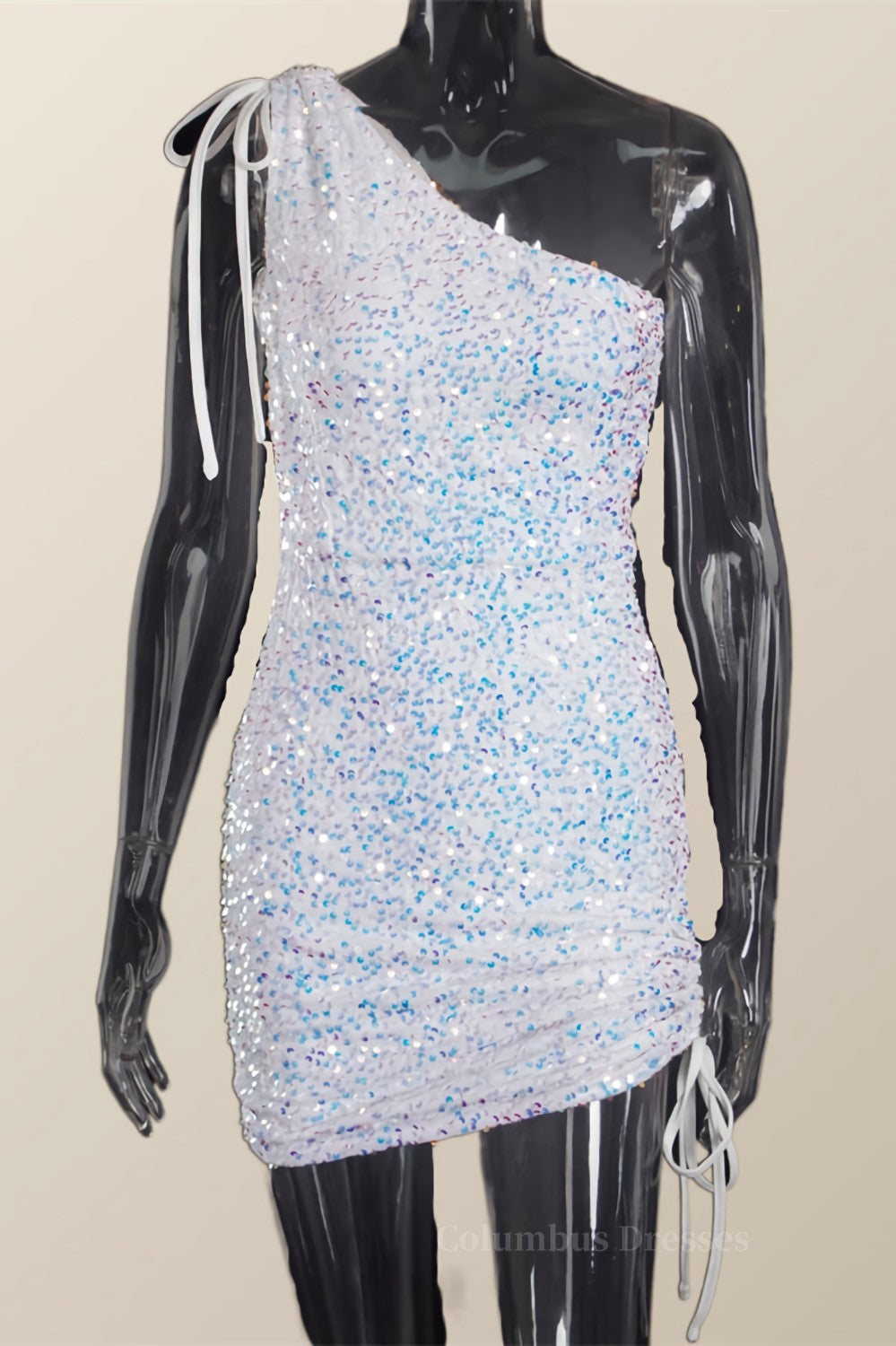 Bridesmaid Dresses Peach, Ruched One Shoulder and Hem Pink Sequin Mini Dress