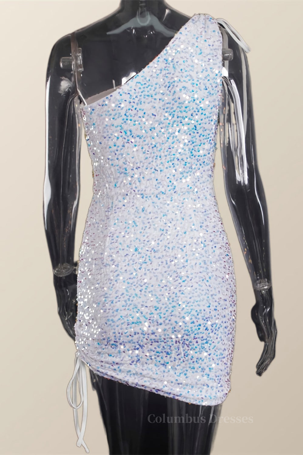 Bridesmaids Dresses Blush Pink, Ruched One Shoulder and Hem Pink Sequin Mini Dress