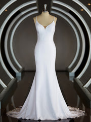 Wedding Dresse Vintage Lace, Sheath/Column V-neck Court Train Stretch Crepe Wedding Dresses with Ruffles